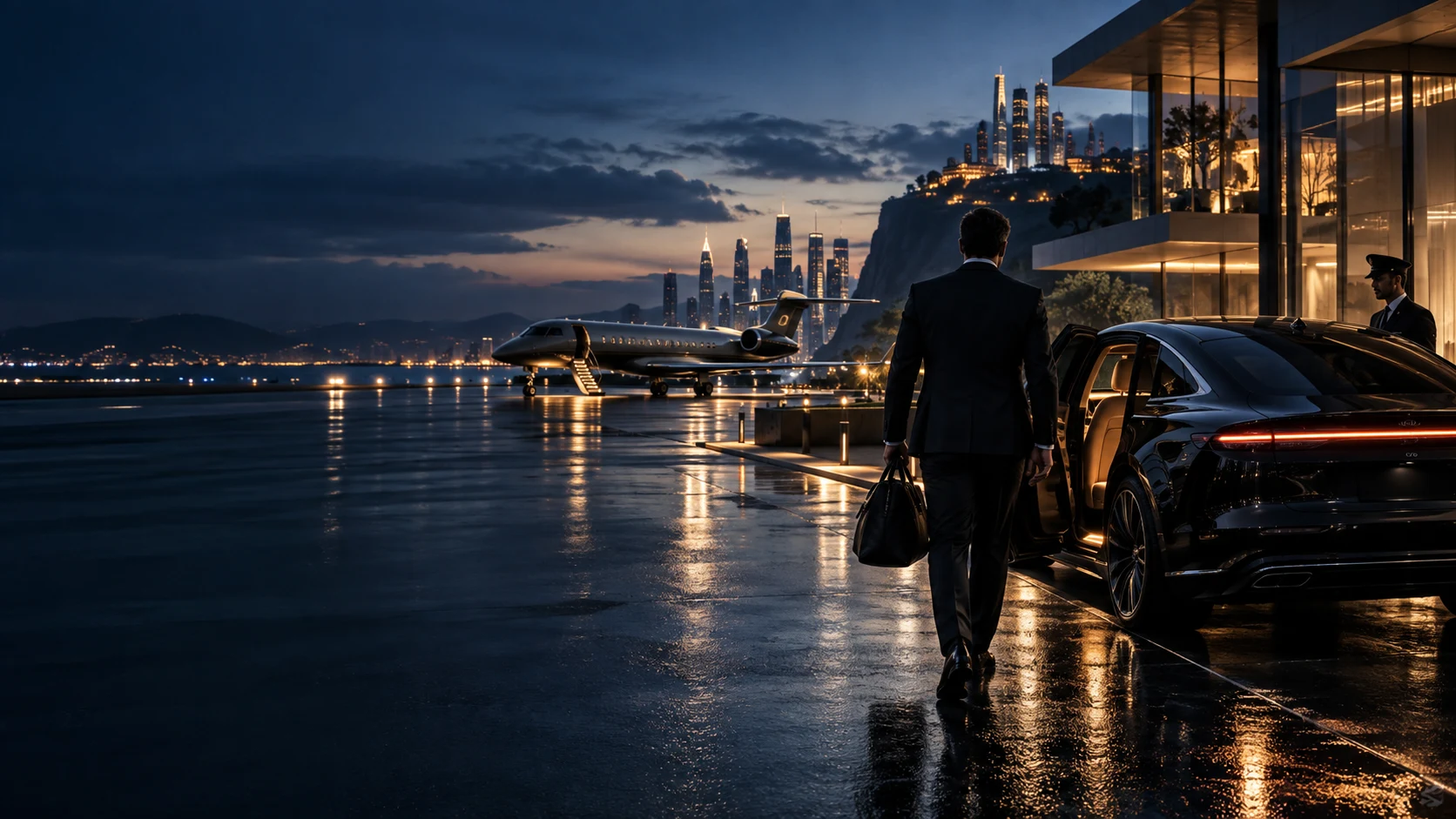 Executive arriving at a private luxury residence beside a private jet